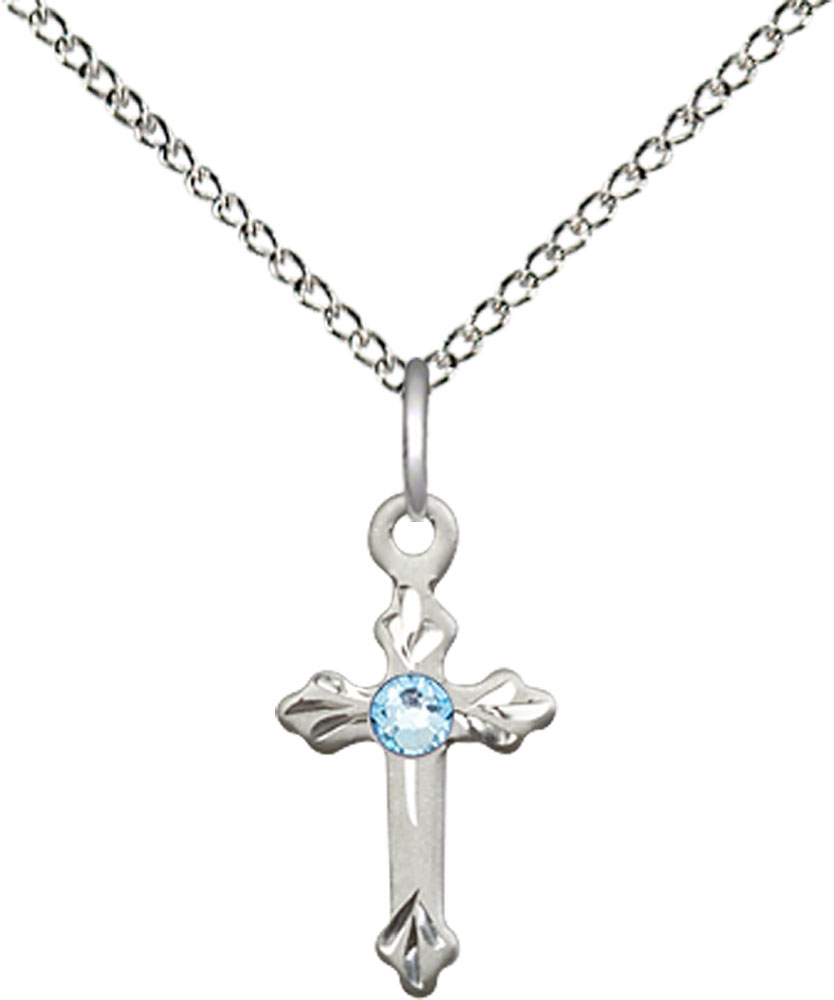 Sterling Silver Cross Pendant with a 3mm Aqua Swarovski stone on a 18 inch Sterling Silver Light Curb chain