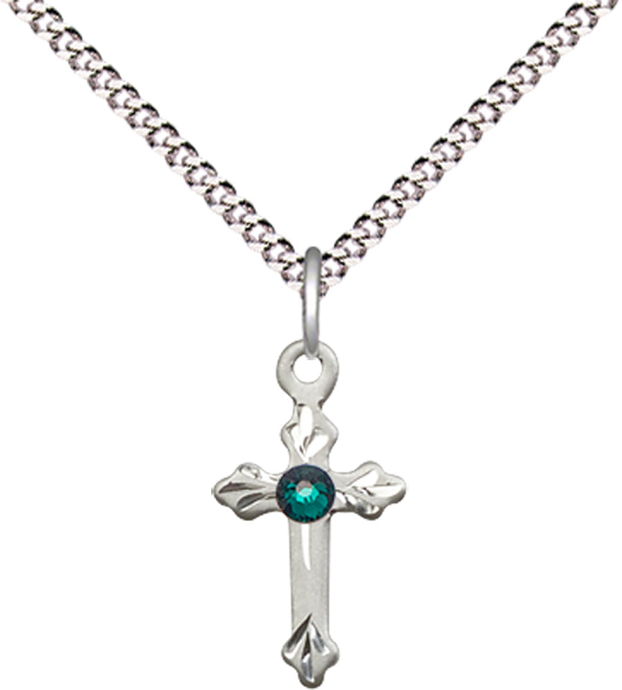 Sterling Silver Cross Pendant with a 3mm Emerald Swarovski stone on a 18 inch Light Rhodium Light Curb chain