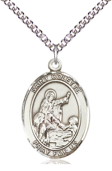 Sterling Silver Saint Colette Pendant on a 24 inch Sterling Silver Heavy Curb chain