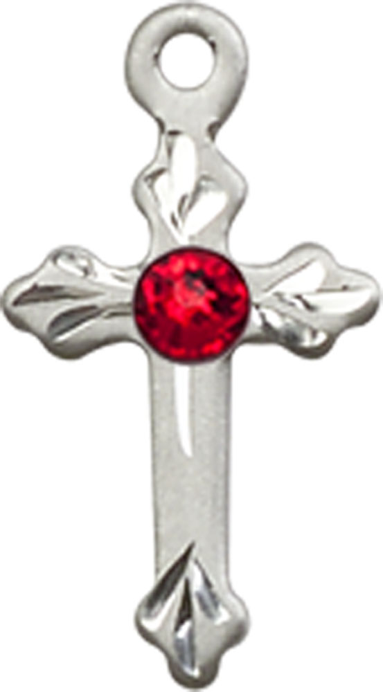 Sterling Silver Cross Medal with a 3mm Ruby Swarovski stone