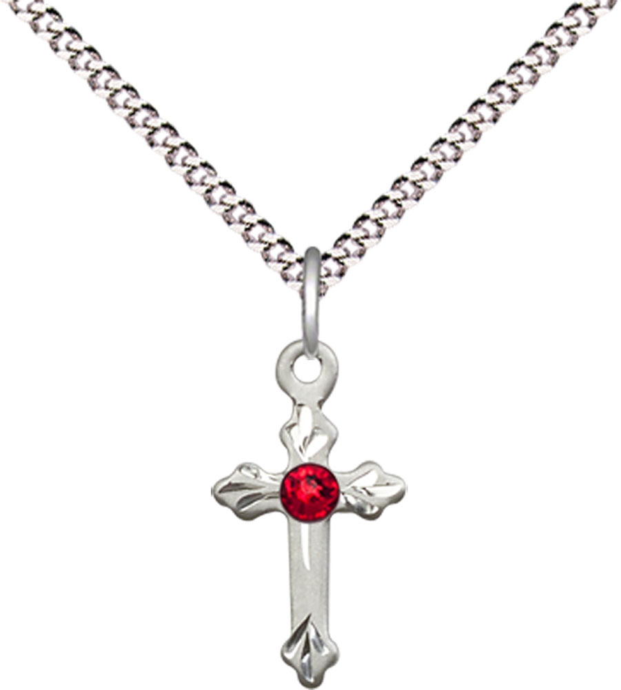 Sterling Silver Cross Pendant with a 3mm Ruby Swarovski stone on a 18 inch Light Rhodium Light Curb chain