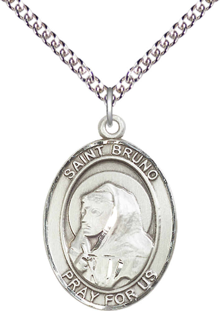 Sterling Silver Saint Bruno Pendant on a 24 inch Sterling Silver Heavy Curb chain