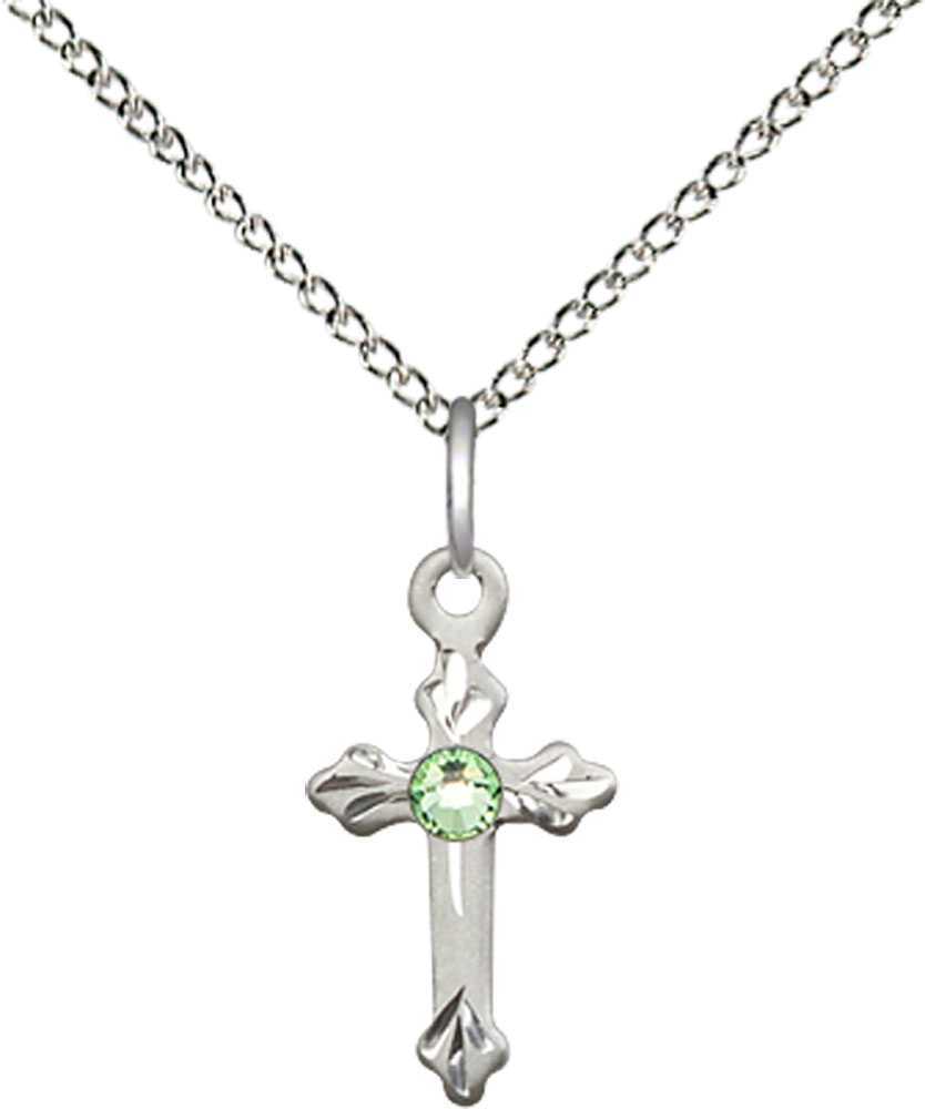 Sterling Silver Cross Pendant with a 3mm Peridot Swarovski stone on a 18 inch Sterling Silver Light Curb chain