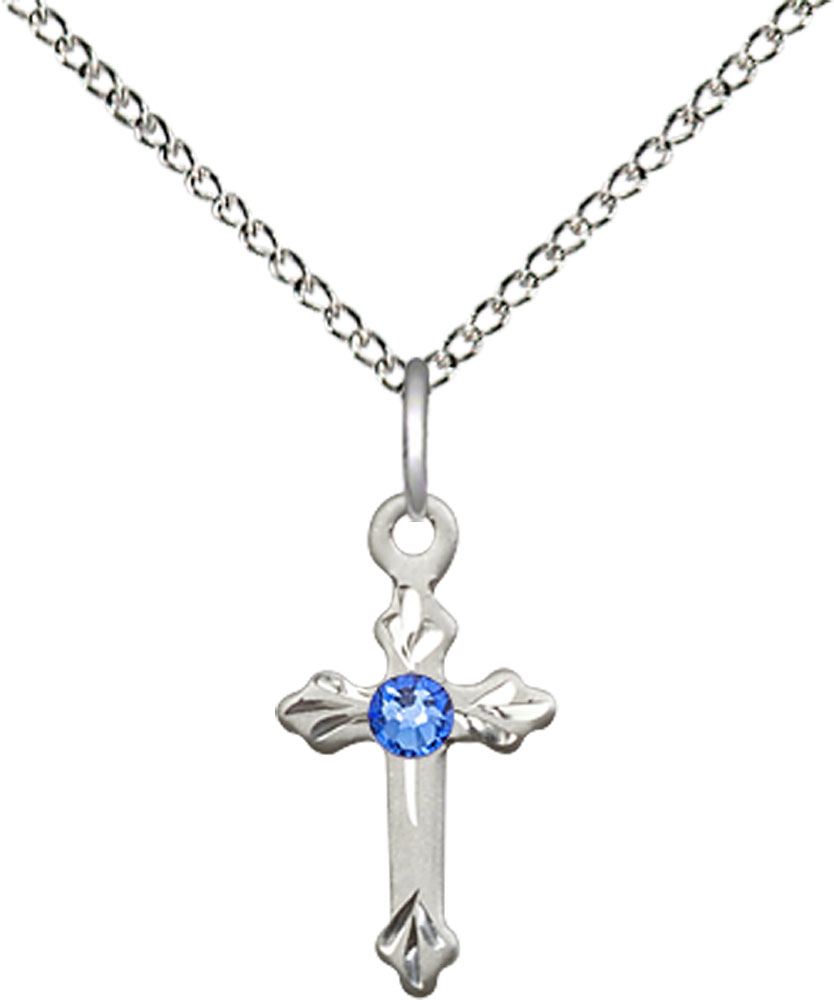 Sterling Silver Cross Pendant with a 3mm Sapphire Swarovski stone on a 18 inch Sterling Silver Light Curb chain