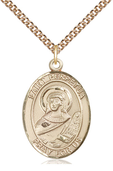 14kt Gold Filled Saint Perpetua Pendant on a 24 inch Gold Filled Heavy Curb chain