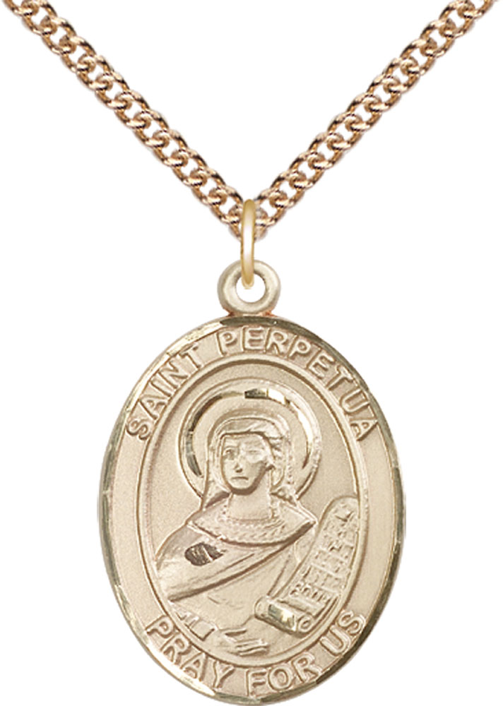 14kt Gold Filled Saint Perpetua Pendant on a 24 inch Gold Filled Heavy Curb chain