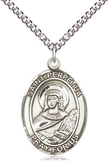 Sterling Silver Saint Perpetua Pendant on a 24 inch Sterling Silver Heavy Curb chain