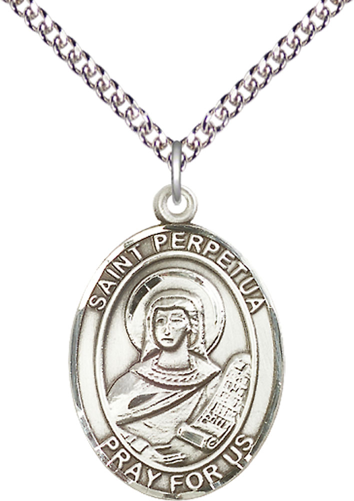 Sterling Silver Saint Perpetua Pendant on a 24 inch Sterling Silver Heavy Curb chain