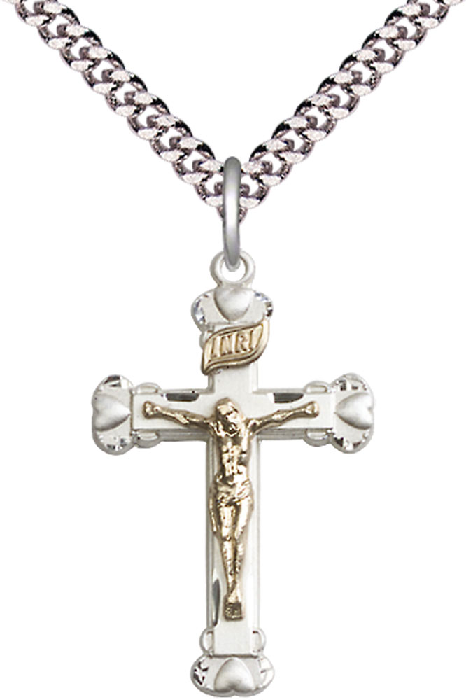 Two-Tone GF/SS Crucifix Pendant on a 24 inch Light Rhodium Heavy Curb chain