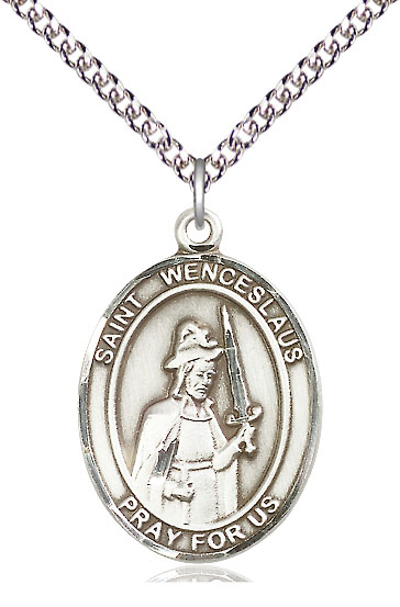 Sterling Silver Saint Wenceslaus Pendant on a 24 inch Sterling Silver Heavy Curb chain