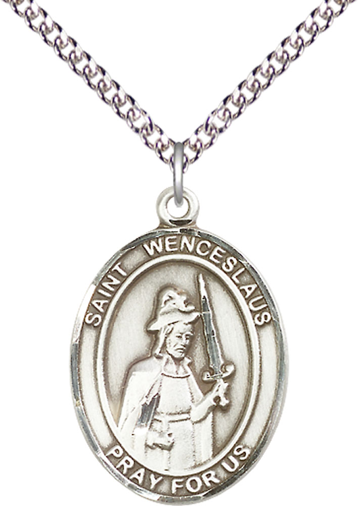 Sterling Silver Saint Wenceslaus Pendant on a 24 inch Sterling Silver Heavy Curb chain