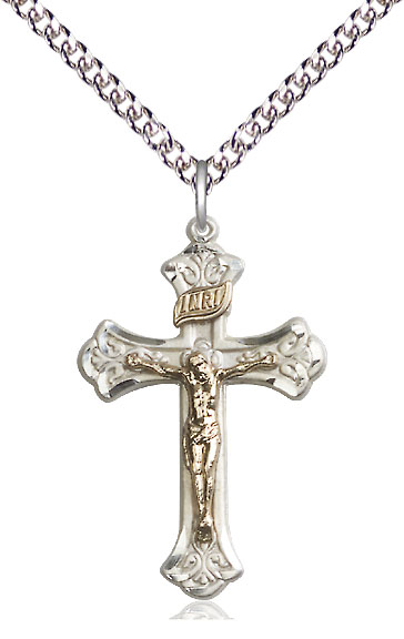 Two-Tone GF/SS Crucifix Pendant on a 24 inch Sterling Silver Heavy Curb chain
