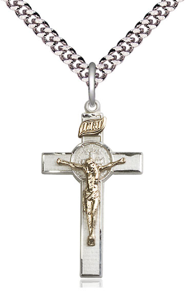 Two-Tone GF/SS Saint Benedict Crucifix Pendant on a 24 inch Light Rhodium Heavy Curb chain