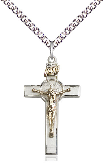 Two-Tone GF/SS Saint Benedict Crucifix Pendant on a 24 inch Sterling Silver Heavy Curb chain