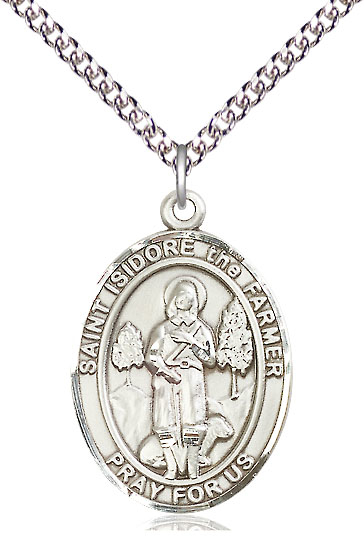 Sterling Silver Saint Isidore the Farmer Pendant on a 24 inch Sterling Silver Heavy Curb chain