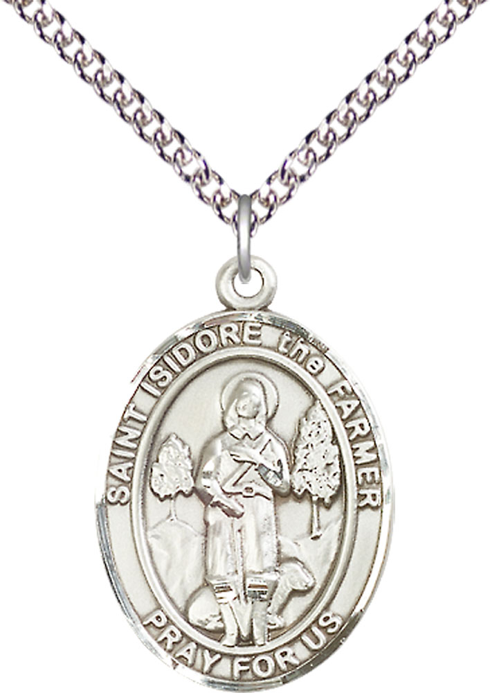 Sterling Silver Saint Isidore the Farmer Pendant on a 24 inch Sterling Silver Heavy Curb chain