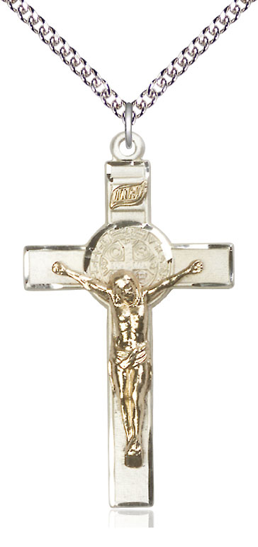 Two-Tone GF/SS Saint Benedict Crucifix Pendant on a 24 inch Sterling Silver Heavy Curb chain