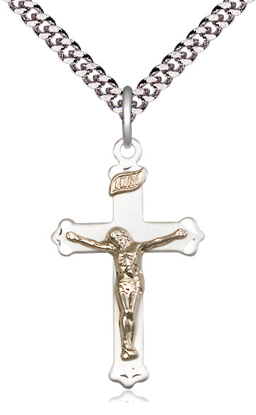 Two-Tone GF/SS Crucifix Pendant on a 24 inch Light Rhodium Heavy Curb chain