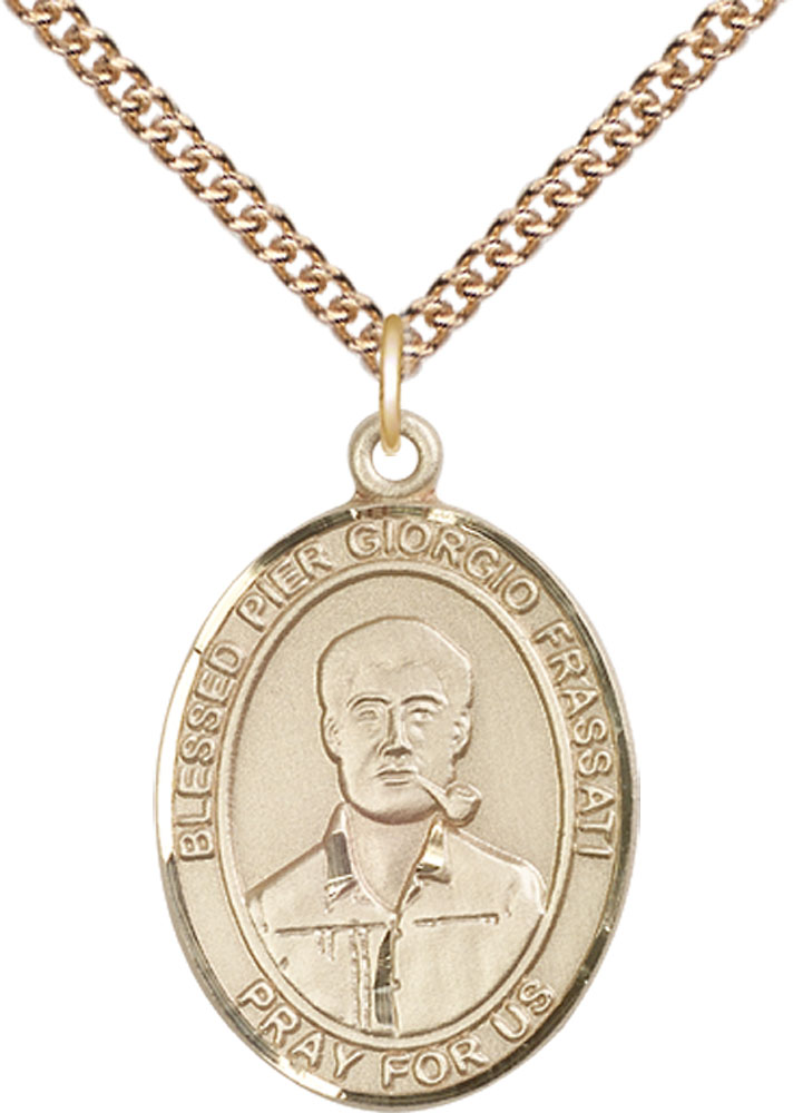14kt Gold Filled Blessed Pier Giorgio Frassati Pendant on a 24 inch Gold Filled Heavy Curb chain