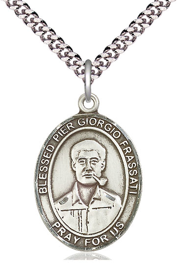 Sterling Silver Blessed Pier Giorgio Frassati Pendant on a 24 inch Light Rhodium Heavy Curb chain
