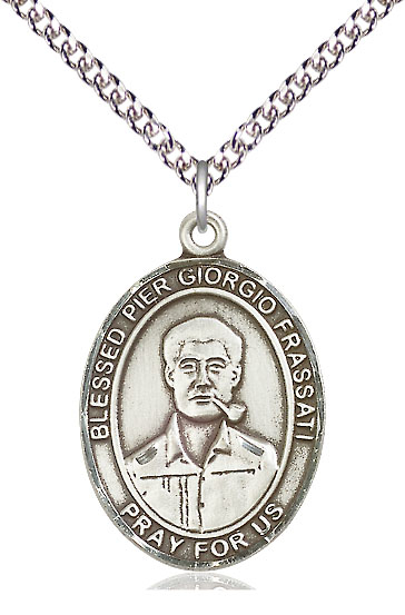 Sterling Silver Blessed Pier Giorgio Frassati Pendant on a 24 inch Sterling Silver Heavy Curb chain