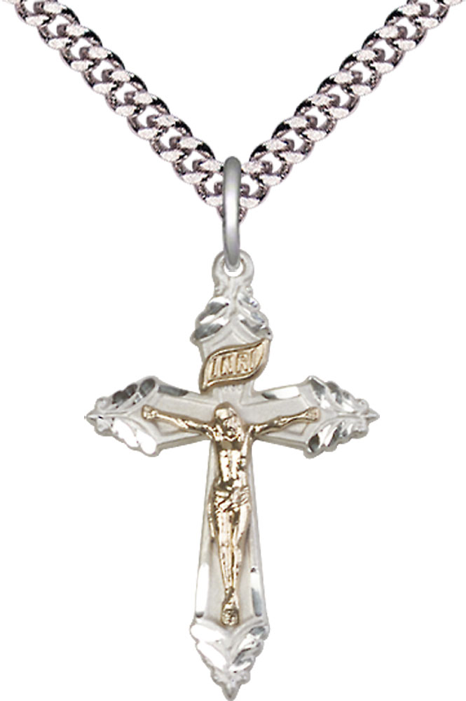 Two-Tone GF/SS Crucifix Pendant on a 24 inch Light Rhodium Heavy Curb chain