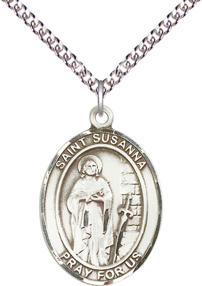 Sterling Silver Saint Susanna Pendant on a 24 inch Sterling Silver Heavy Curb chain
