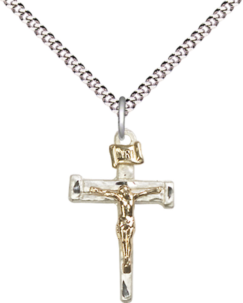 Two-Tone GF/SS Nail Crucifix Pendant on a 18 inch Light Rhodium Light Curb chain