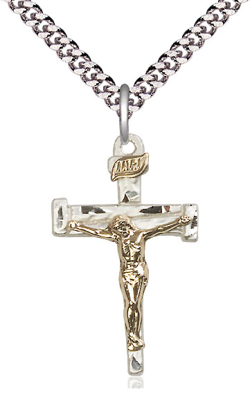 Two-Tone GF/SS Nail Crucifix Pendant on a 24 inch Light Rhodium Heavy Curb chain