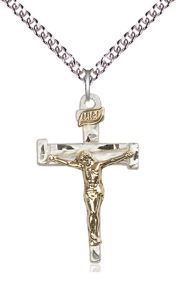 Two-Tone GF/SS Nail Crucifix Pendant on a 24 inch Sterling Silver Heavy Curb chain