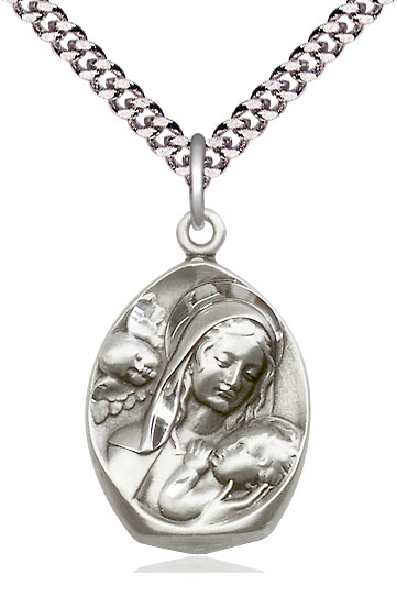 Sterling Silver Madonna &amp; Child Pendant on a 24 inch Light Rhodium Heavy Curb chain