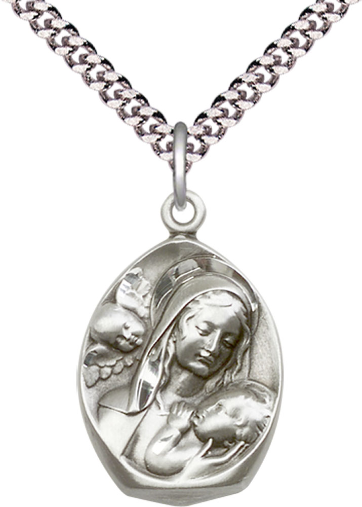 Sterling Silver Madonna &amp; Child Pendant on a 24 inch Light Rhodium Heavy Curb chain