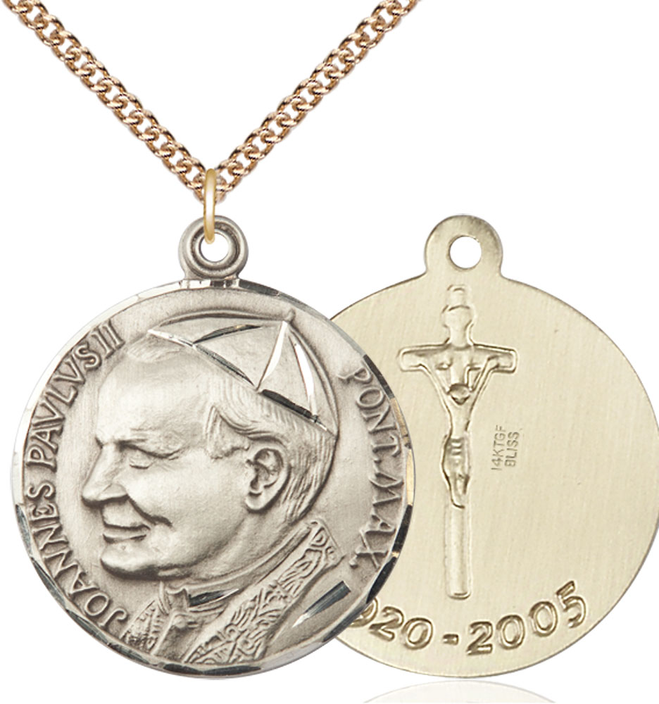 14kt Gold Filled Saint John Paul II Pendant on a 24 inch Gold Filled Heavy Curb chain