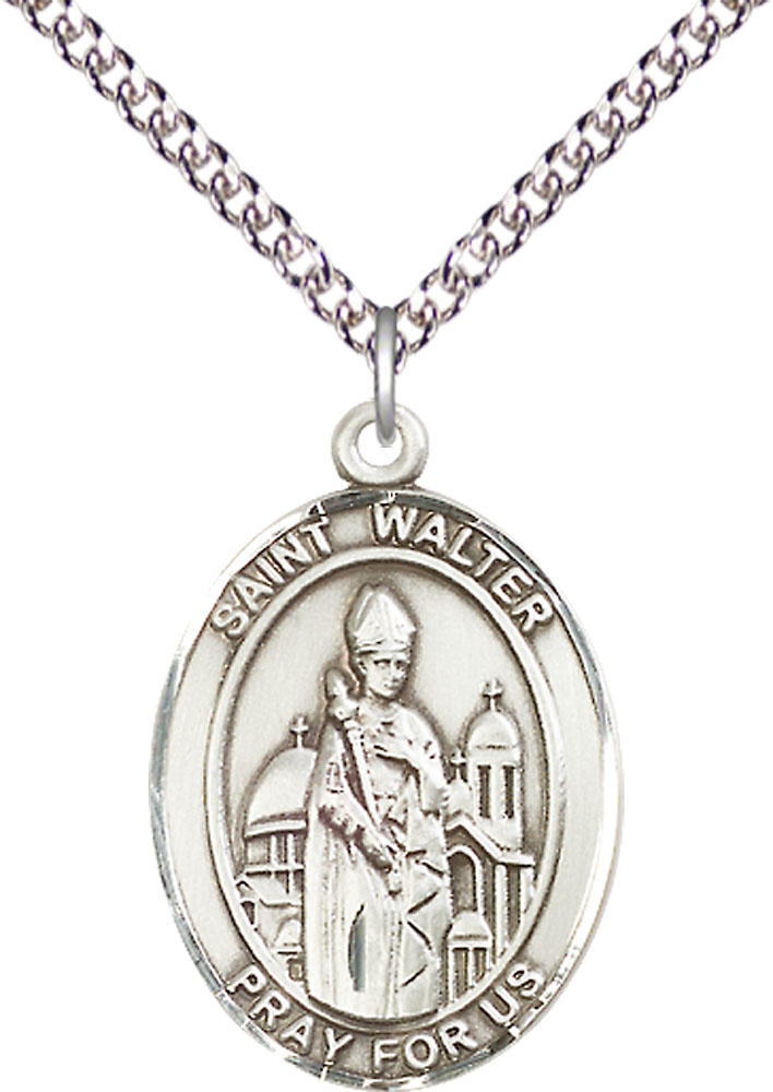Sterling Silver Saint Walter of Pontnoise Pendant on a 24 inch Sterling Silver Heavy Curb chain