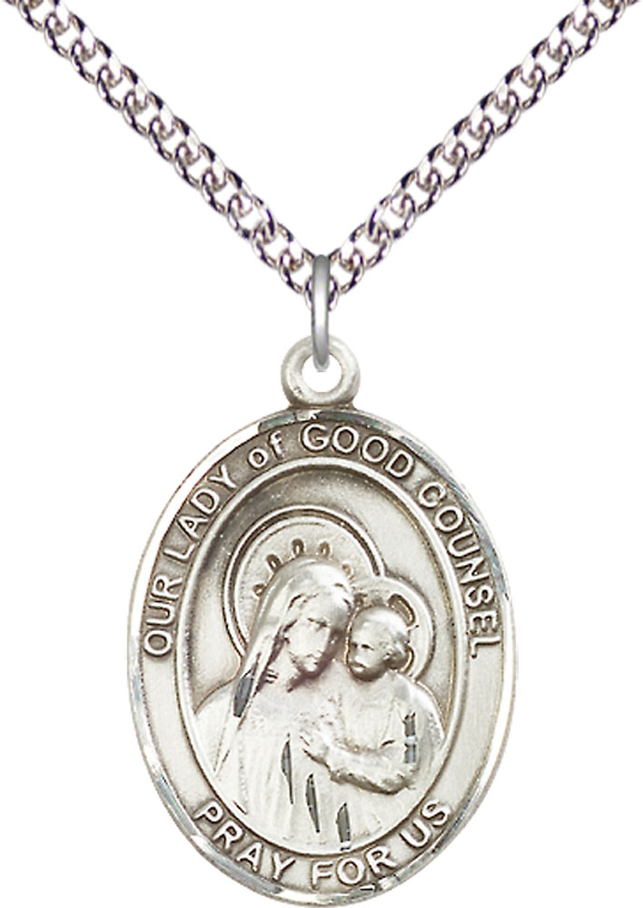 Sterling Silver Our Lady of Good Counsel Pendant on a 24 inch Sterling Silver Heavy Curb chain
