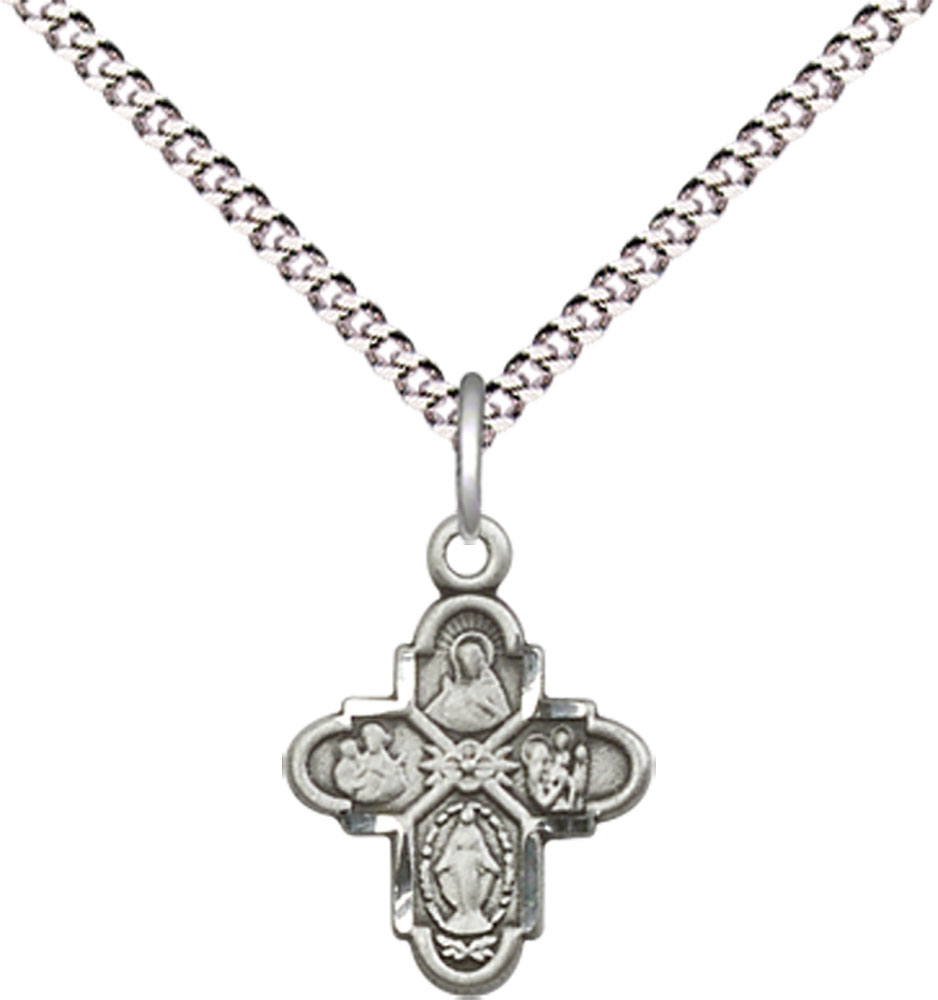 Sterling Silver 4-Way Pendant on a 18 inch Light Rhodium Light Curb chain