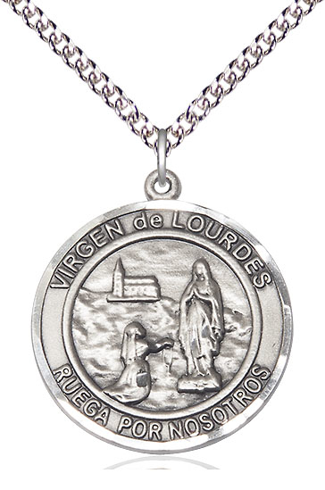Sterling Silver Virgen de Lourdes Pendant on a 24 inch Sterling Silver Heavy Curb chain