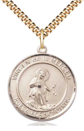 14kt Gold Filled Virgen de la Merce Pendant on a 24 inch Gold Filled Heavy Curb chain