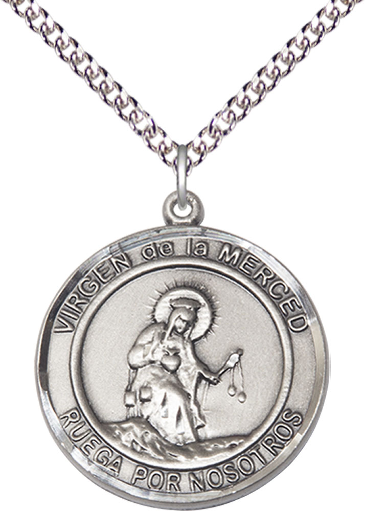 Sterling Silver Virgen de la Merce Pendant on a 24 inch Sterling Silver Heavy Curb chain