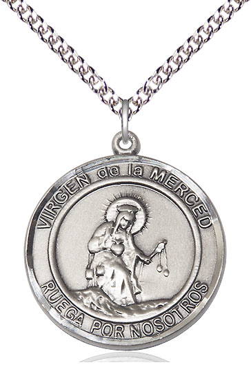 Sterling Silver Virgen de la Merce Pendant on a 24 inch Sterling Silver Heavy Curb chain