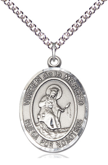 Sterling Silver Virgen de la Merced Pendant on a 24 inch Sterling Silver Heavy Curb chain