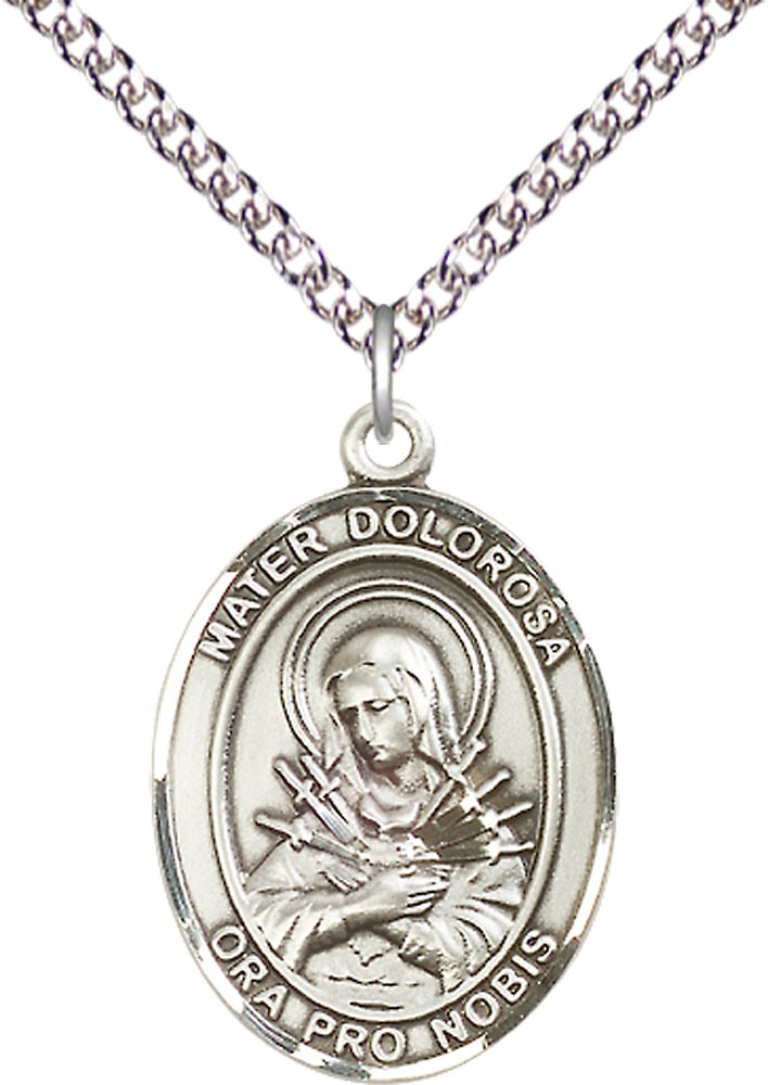 Sterling Silver Mater Dolorosa Pendant on a 24 inch Sterling Silver Heavy Curb chain