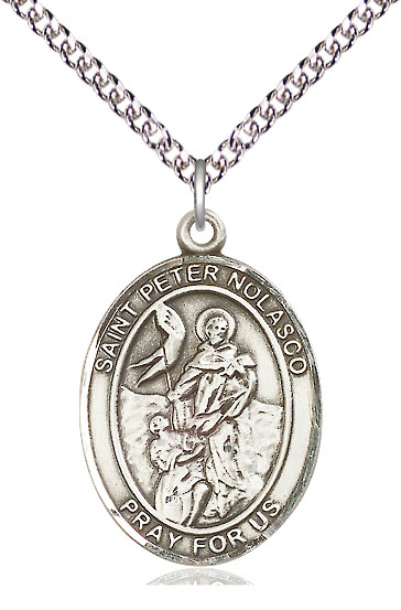 Sterling Silver Saint Peter Nolasco Pendant on a 24 inch Sterling Silver Heavy Curb chain