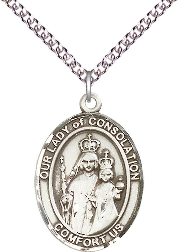 Sterling Silver Our Lady of Consolation Pendant on a 24 inch Sterling Silver Heavy Curb chain