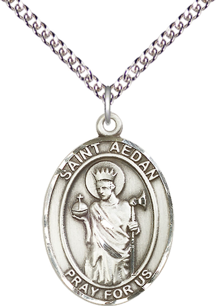 Sterling Silver Saint Aedan of Ferns Pendant on a 24 inch Sterling Silver Heavy Curb chain