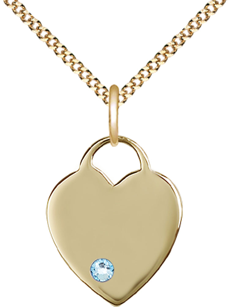 14kt Gold Filled Heart Pendant with a 3mm Aqua Swarovski stone on a 18 inch Gold Plate Light Curb chain
