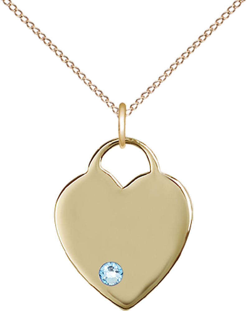 14kt Gold Filled Heart Pendant with a 3mm Aqua Swarovski stone on a 18 inch Gold Filled Light Curb chain