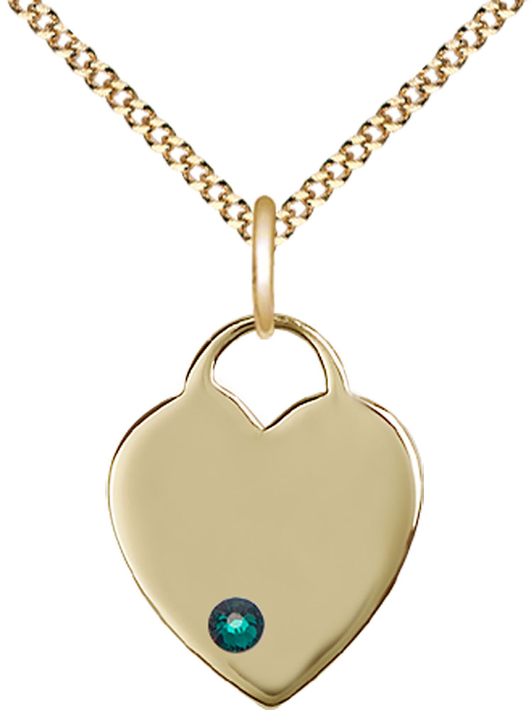 14kt Gold Filled Heart Pendant with a 3mm Emerald Swarovski stone on a 18 inch Gold Plate Light Curb chain