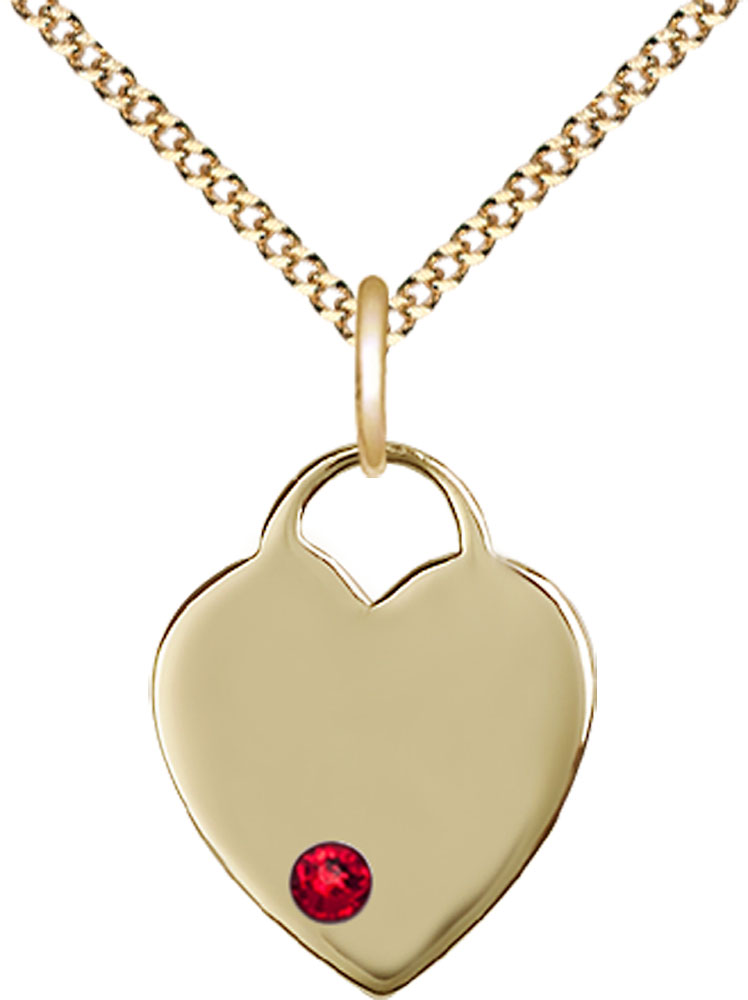 14kt Gold Filled Heart Pendant with a 3mm Ruby Swarovski stone on a 18 inch Gold Plate Light Curb chain