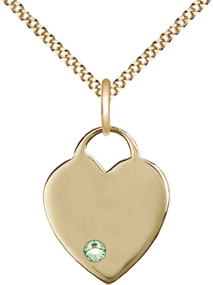 14kt Gold Filled Heart Pendant with a 3mm Peridot Swarovski stone on a 18 inch Gold Plate Light Curb chain